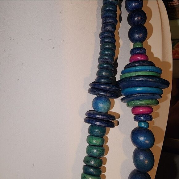 Blue and Green Wooden Beaded Necklaces with Textured Designs NWOT - Picture 9 of 10